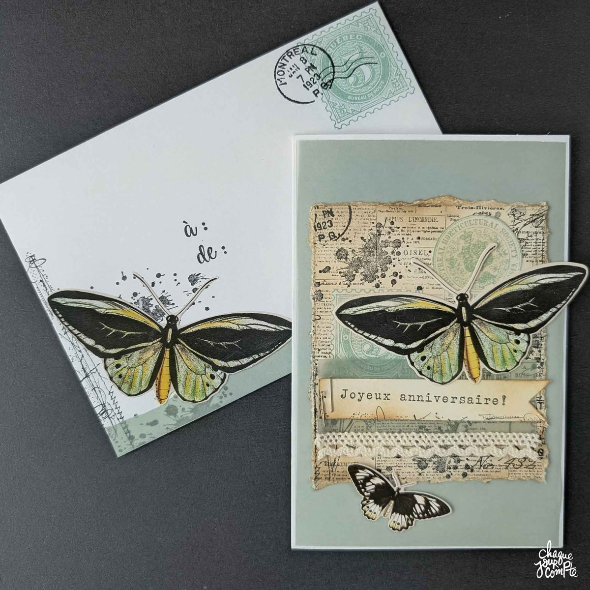 Art journal: Carte d'anniversaire au thème sauge vintage