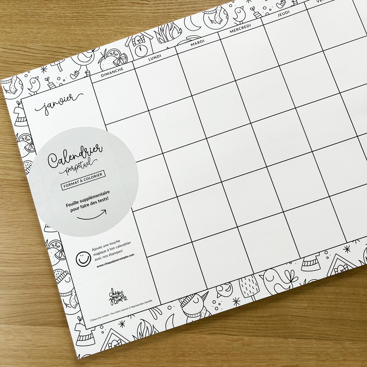 Calendrier grand format - mensuel non daté - motifs à colorier