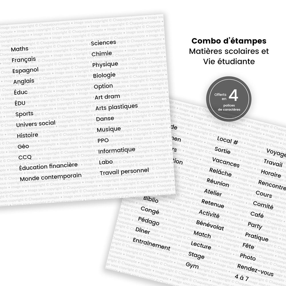 PRÉCOMMANDE - Combo matières scolaires et Vie étudiante - Ensemble de 65 étampes à découper