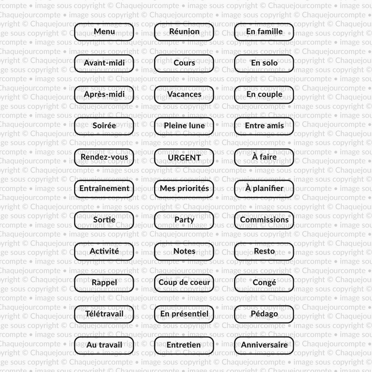 Textes de base planification - Ensemble de 33 étampes à découper