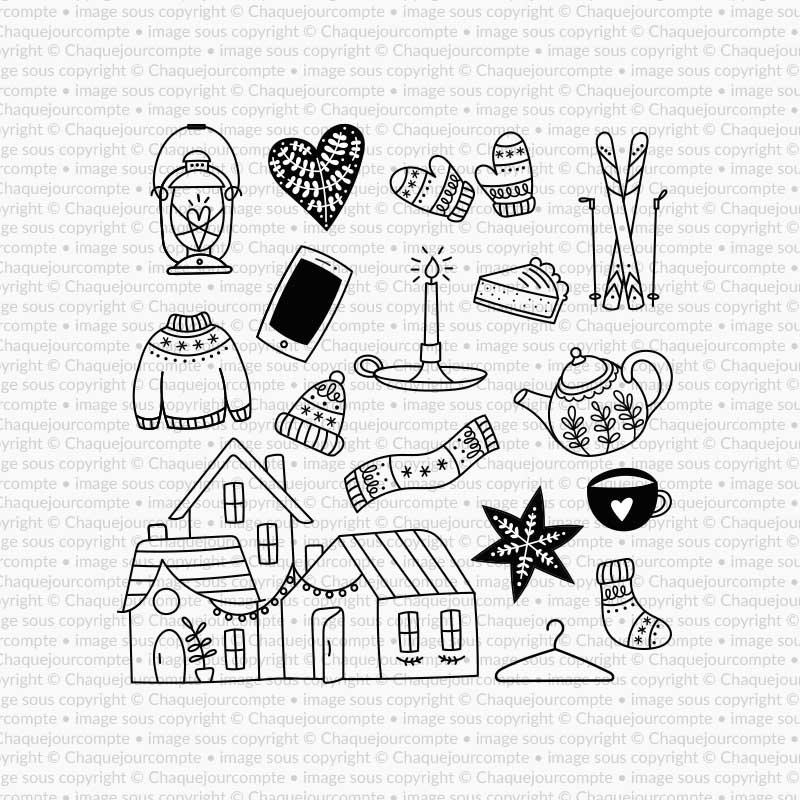 Illustrations hygge - Ensemble de 16 étampes à découper