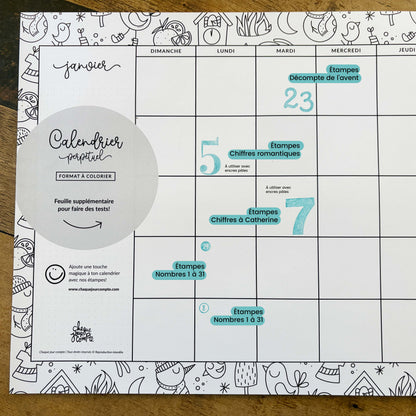 Calendrier grand format - mensuel non daté - motifs à colorier