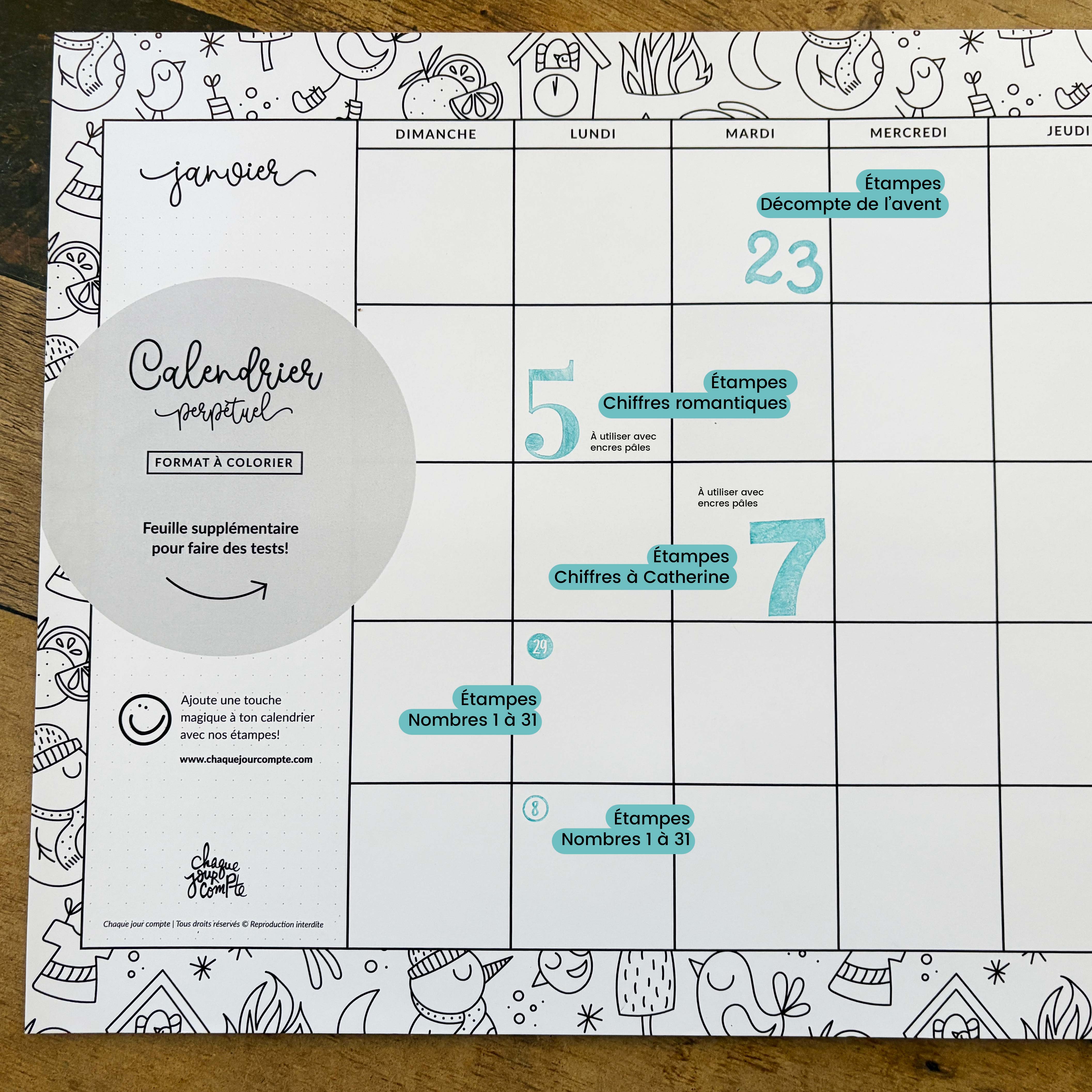 Calendrier grand format - mensuel non daté - motifs à colorier