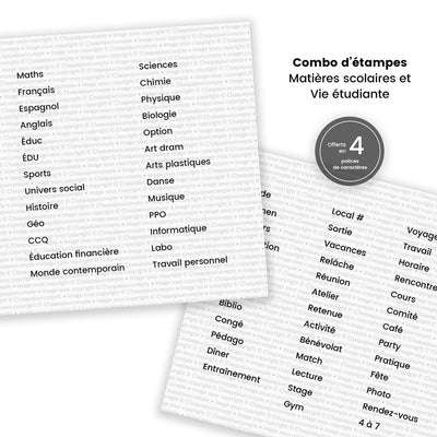 PRÉCOMMANDE - Combo matières scolaires et Vie étudiante - Ensemble de 65 étampes à découper