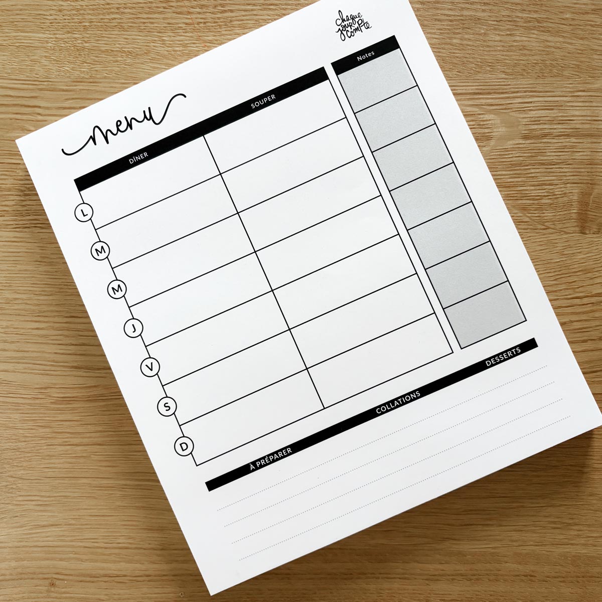 Tablette de notes Menu de la semaine
