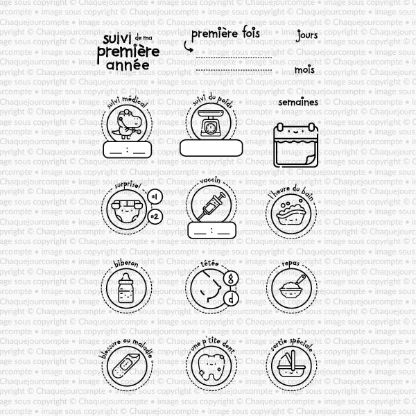 Suivi de ma première année - Ensemble de 17 étampes à découper