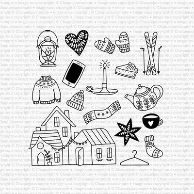 Illustrations hygge - Ensemble de 16 étampes à découper